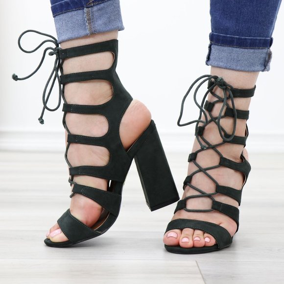 Olive Open Toe Chunky Block Heel Open Toe Sandal Gladiator Laced-Up Style Shoes - Picture 10 of 11